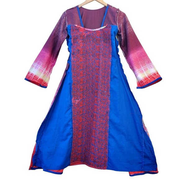 Long Sleeve Dress Floral Red Blue Embroidered Patchwork Kameez Size S NWOT - Picture 15 of 16